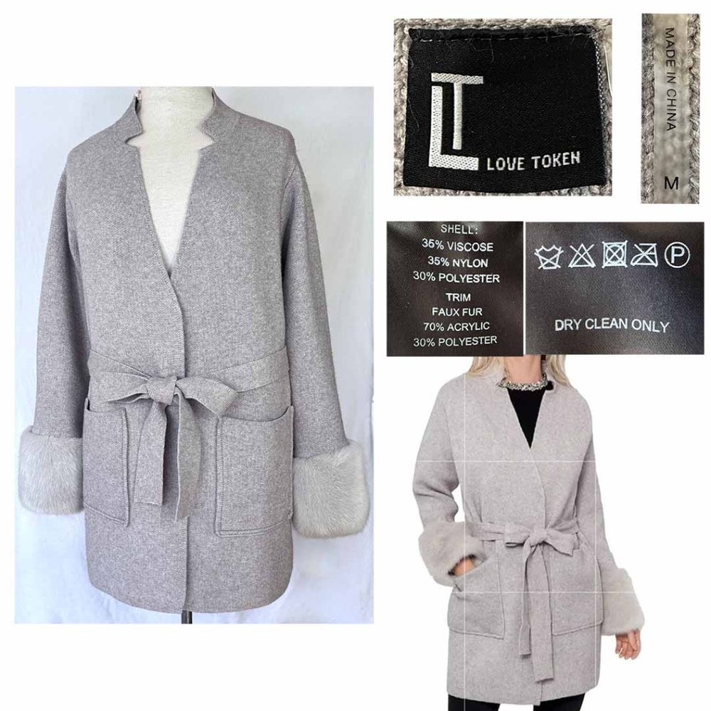 LOVE TOKEN Women Medium Light Gray Knit Faux Fur Trim GINNY Belted Cardigan EUC